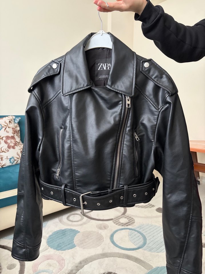 Kadın Siyah Deri Biker Ceket - Görsel 2