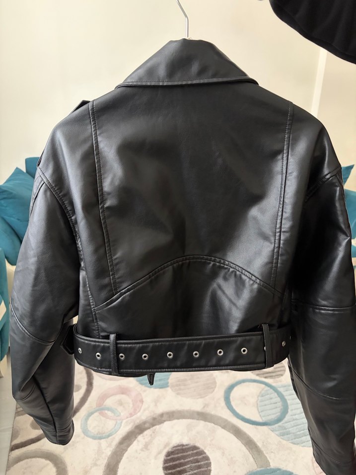 Kadın Siyah Deri Biker Ceket - Görsel 3