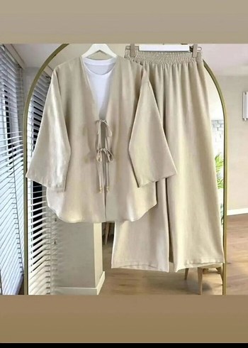 Bej Keten Uzun Salaş Kadın Kimono