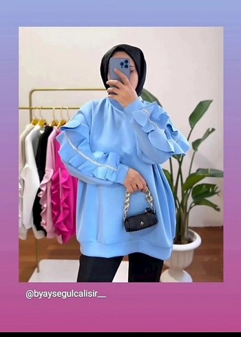Mavi Fırfırlı Oversize Sweatshirt taşlı