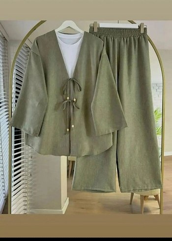 Düğmeli Keten Kısa Kimono Takım