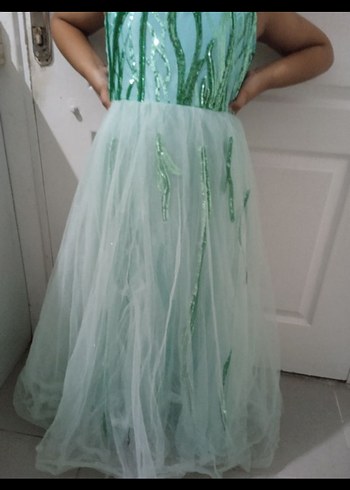 Yeşil Nakışlı Straplez Uzun Abiye Elbise - Görsel 2