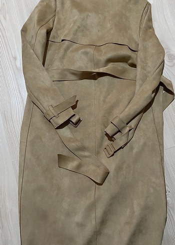 Bej Süet Kadın Kemerli Uzun Trençkot - Görsel 3