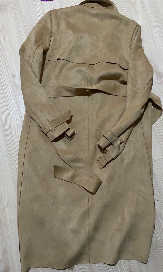 Bej Süet Kadın Kemerli Uzun Trençkot - Görsel 3