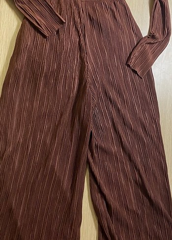 Kahverengi Pilili Kadın Tulum V Yaka - Görsel 3