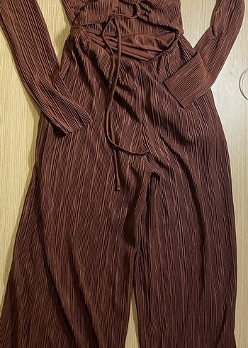 Kahverengi Pilili Kadın Tulum V Yaka - Görsel 2