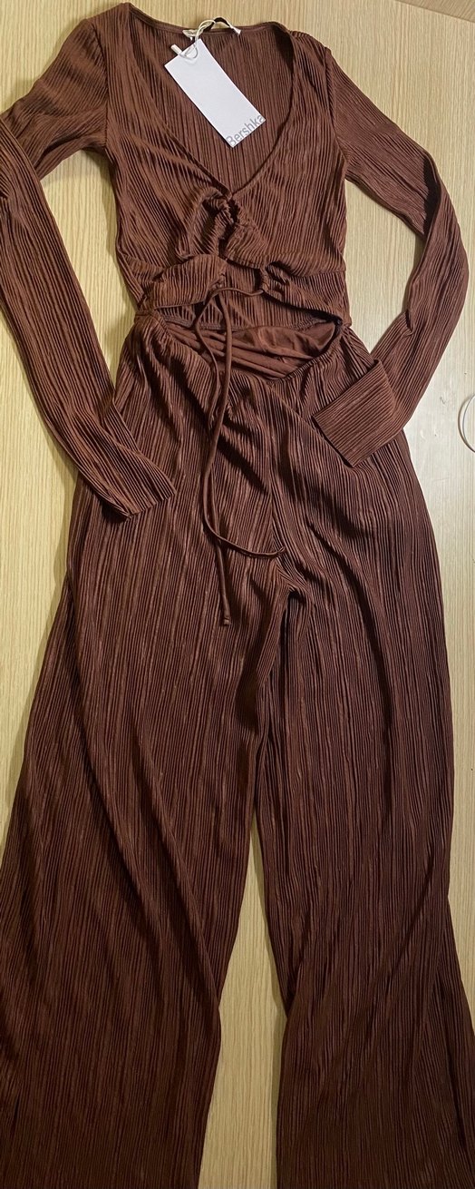 Kahverengi Pilili Kadın Tulum V Yaka - Görsel 2