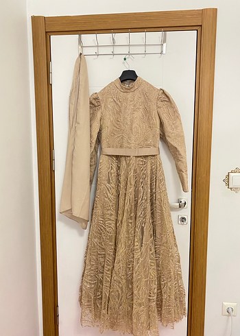 38 Beden Bej Vintage Drapeli Uzun Abiye Elbise