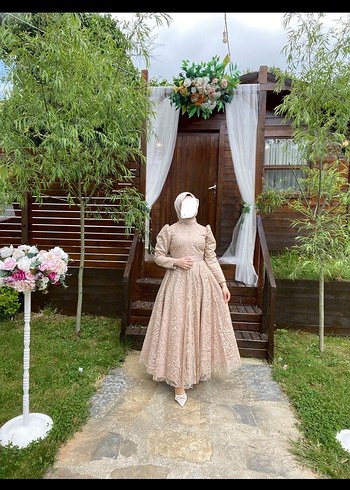 Bej Vintage Drapeli Uzun Abiye Elbise