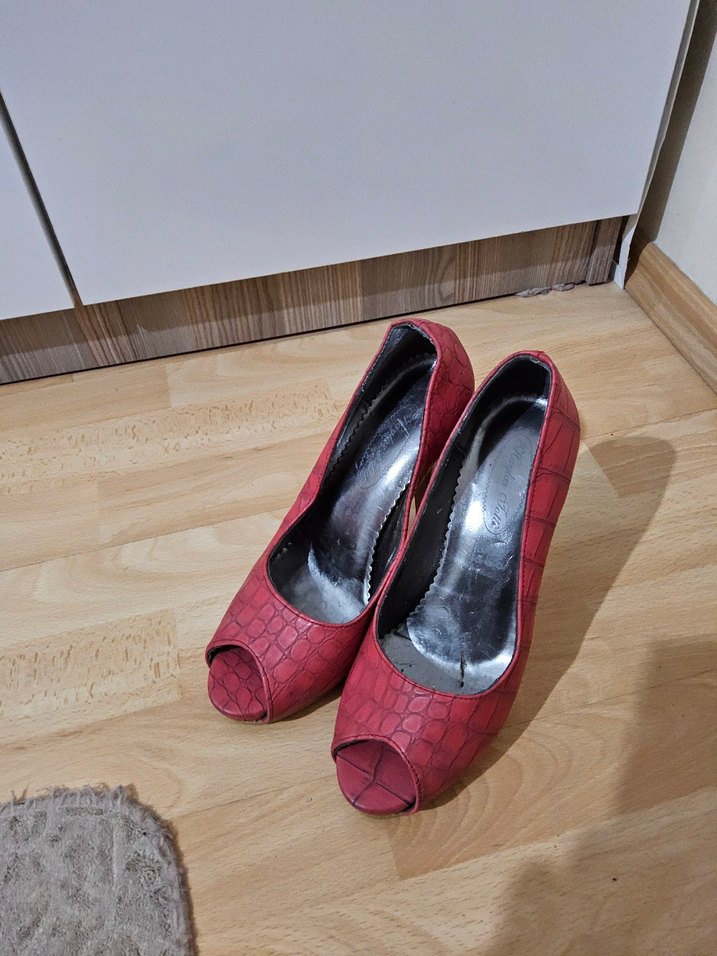 Kırmızı/Nar Çiçeği Yılan Derisi Desenli Ucu Açık Topuklu - Görsel 2