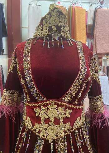 Henna Gelinlik Uzun Kollu Bordo Nakışlı Bindallı Kaftan Kınalık SATILIK