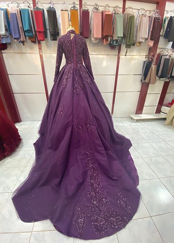 Henna Gelinlik Boncuk İşlemeli Uzun Kollu Mor Abiye Elbise Nişanlık Nişan elbis