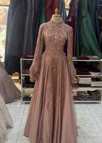 SATILIK Bej İşlemeli Uzun Kollu Drapeli Abiye Nişanlık - Görsel 2