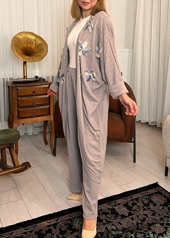 m Beden Gri Nakışlı Örgü Kadın Uzun Kimono Takım