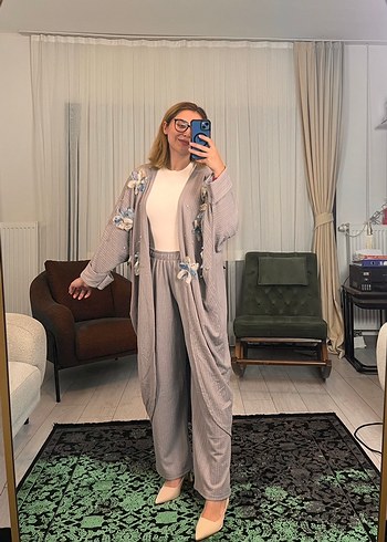 m Beden gri Renk Gri Nakışlı Örgü Kadın Uzun Kimono Takım