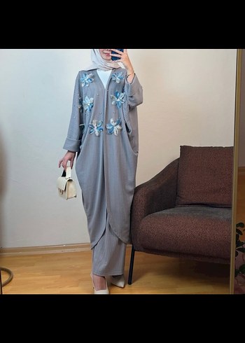 Diğer Gri Nakışlı Örgü Kadın Uzun Kimono Takım