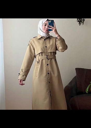 Bej Uzun Kadın Trençkot Kemerli