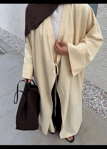 tereyağı sarısı Uzun Keten Kadın Kimono