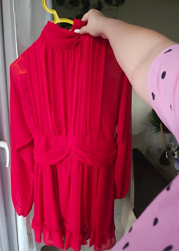 Dik yakalı tam kalıp şifon elbise - kırmızı - Görsel 8