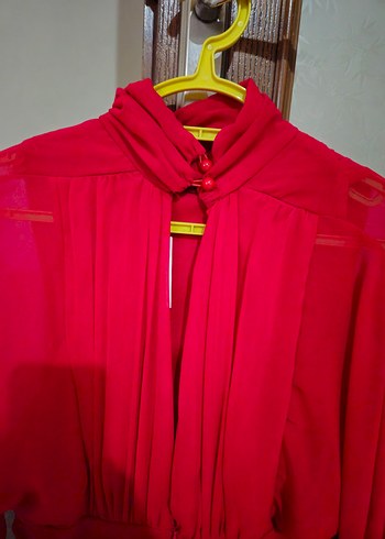 Dik yakalı tam kalıp şifon elbise - kırmızı - Görsel 6