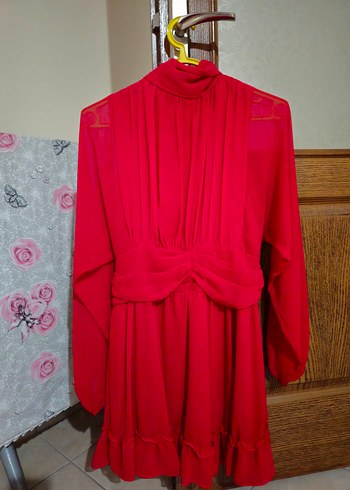 Dik yakalı tam kalıp şifon elbise - kırmızı - Görsel 7