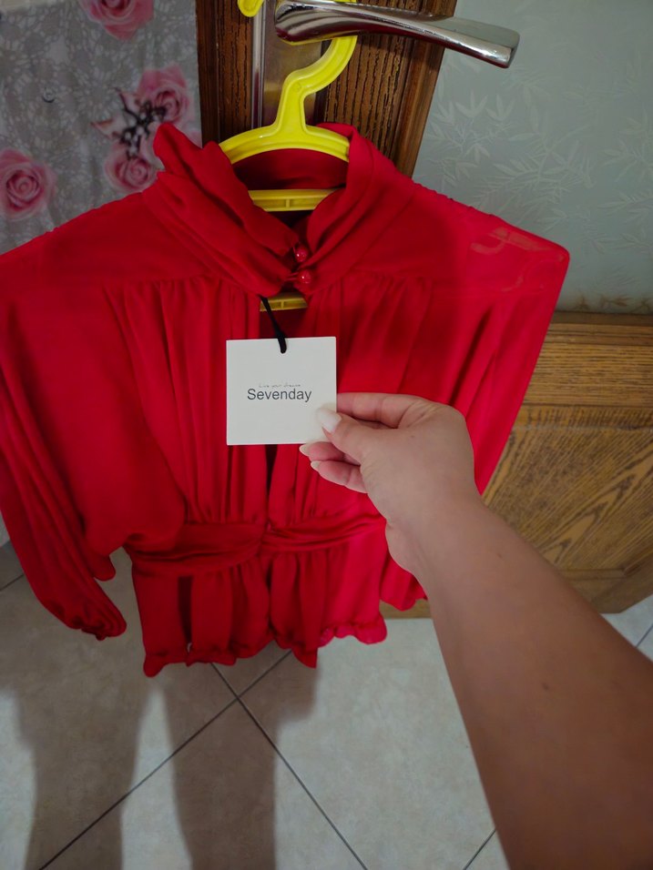 Dik yakalı tam kalıp şifon elbise - kırmızı - Görsel 5