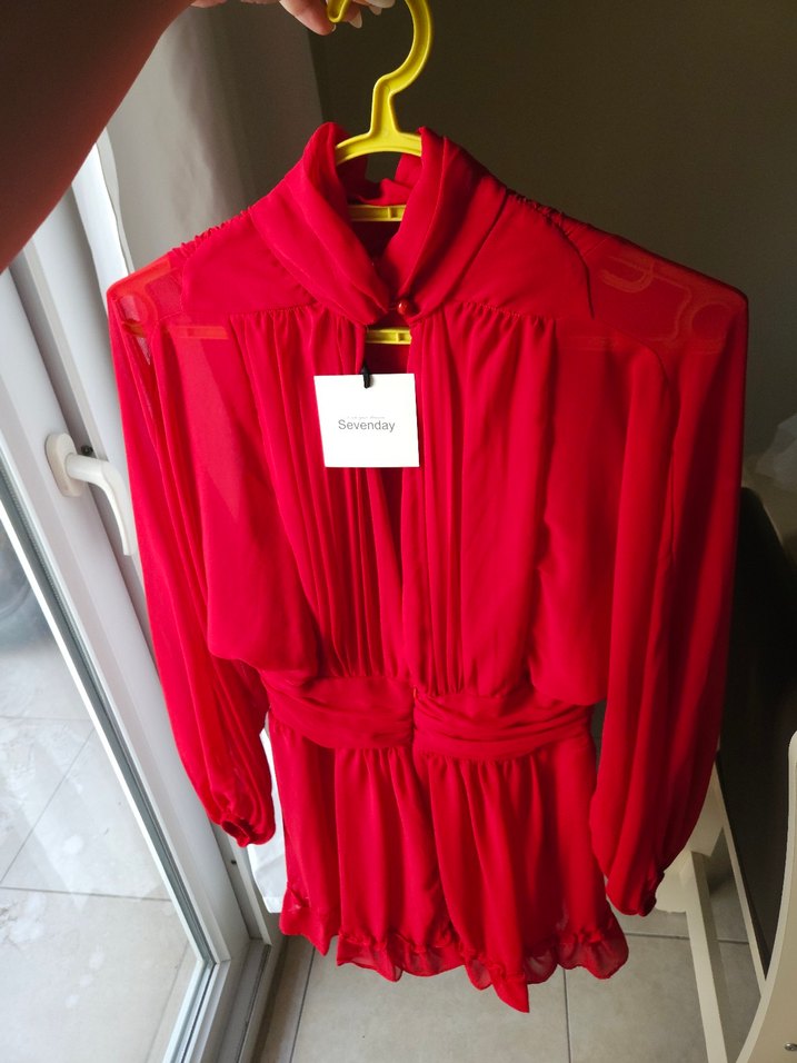 Dik yakalı tam kalıp şifon elbise - kırmızı - Görsel 2