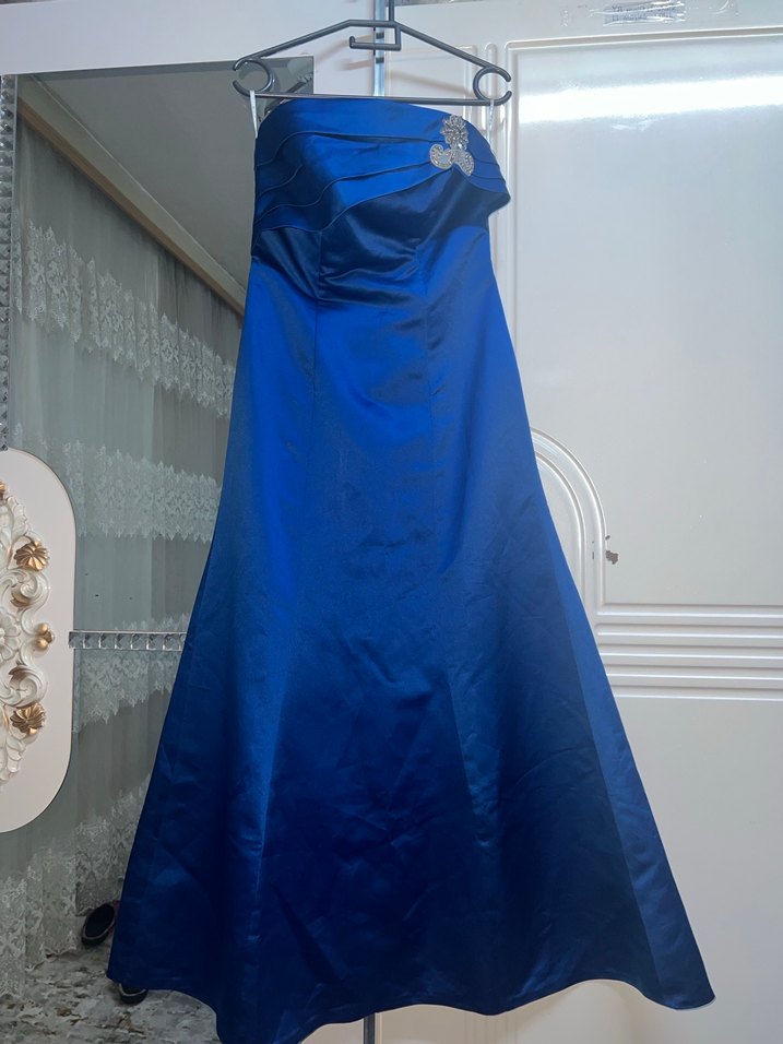 Uzun Lacivert Drapeli Straplez Abiye Elbise - Görsel 2