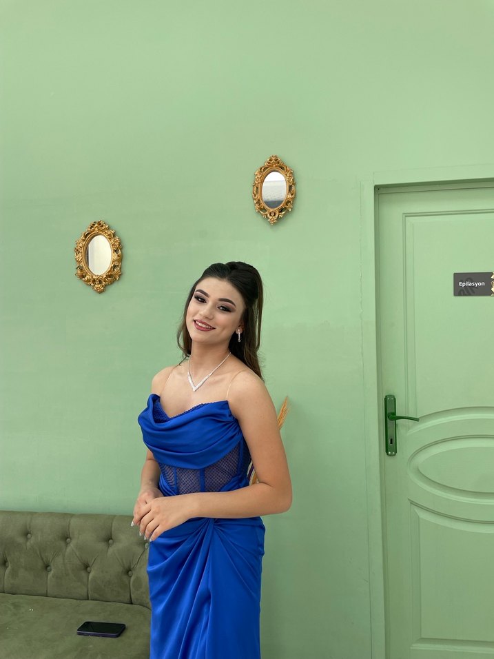 Mavi Drapeli Uzun Abiye Elbise - Görsel 2