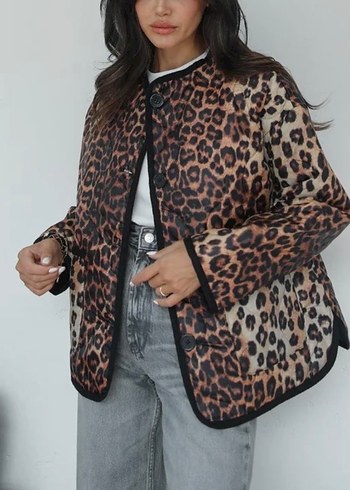 Leopar Desenli Kahverengi Kadın Ceket - Görsel 2
