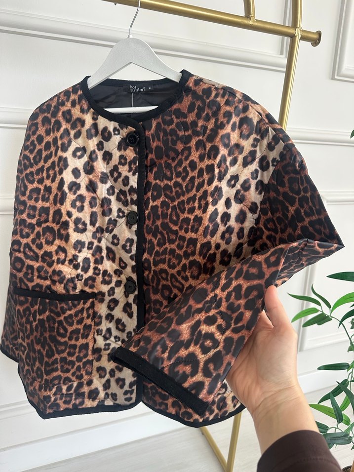 Leopar Desenli Kahverengi Kadın Ceket - Görsel 4