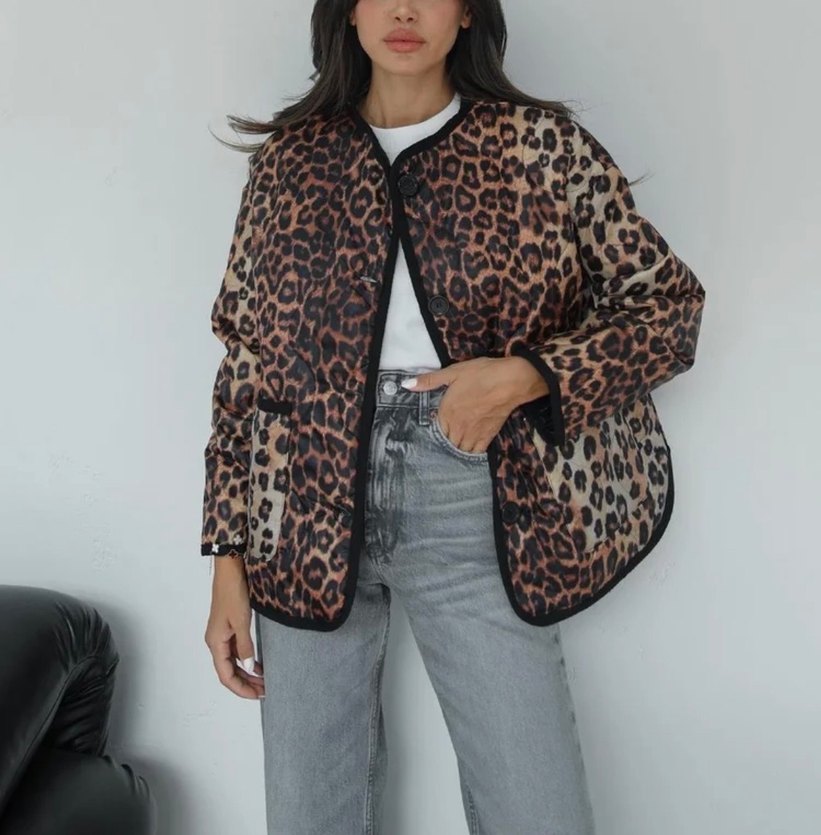 Leopar Desenli Kahverengi Kadın Ceket - Görsel 3
