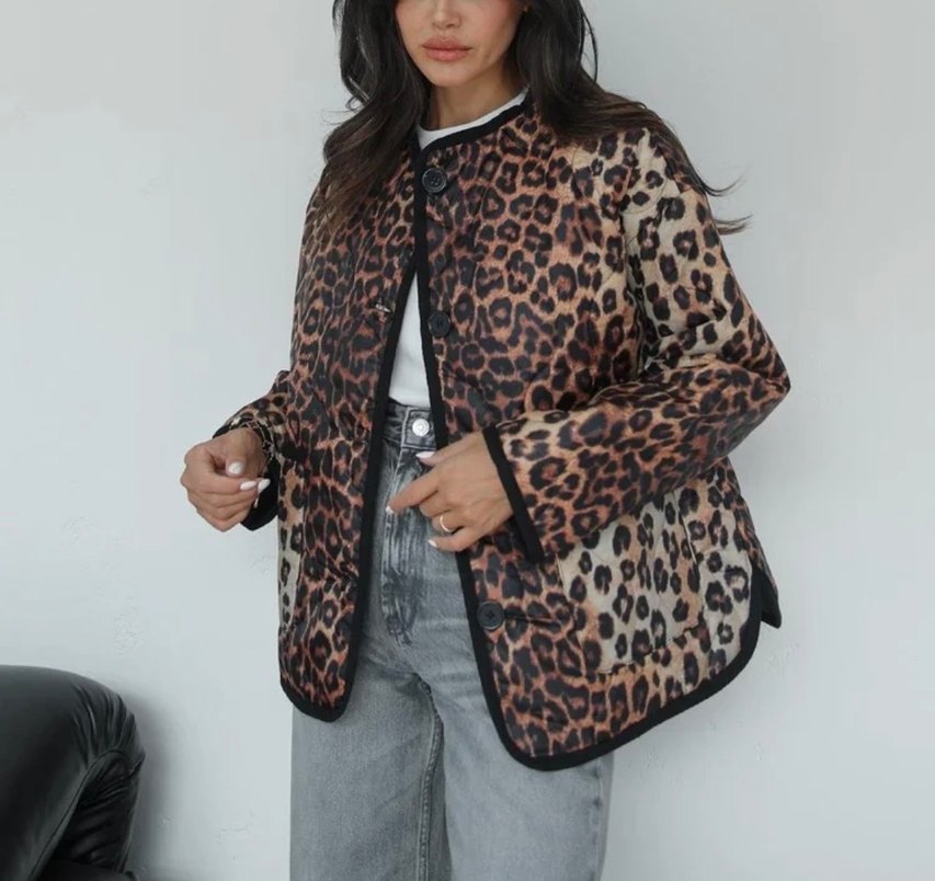 Leopar Desenli Kahverengi Kadın Ceket - Görsel 2