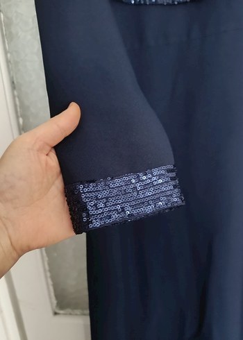 40 Beden Uzun Kollu Lacivert Abiye Elbise