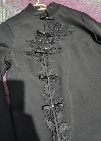 Uzun Kollu Siyah Gotik Nakışlı Kadın Elbisesi - Görsel 2