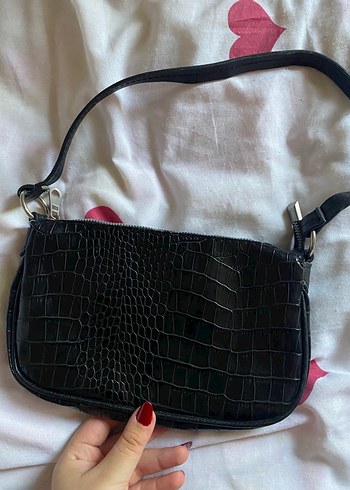 Siyah Deri Yılan Desenli Tokalı Çanta - Görsel 5