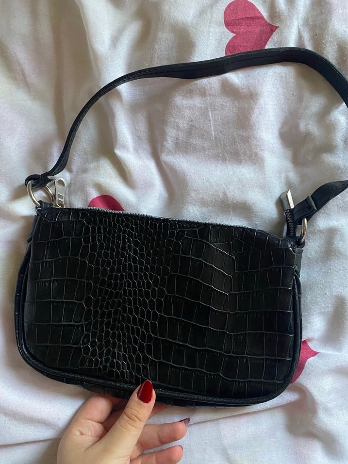 Siyah Deri Yılan Desenli Tokalı Çanta - Görsel 5