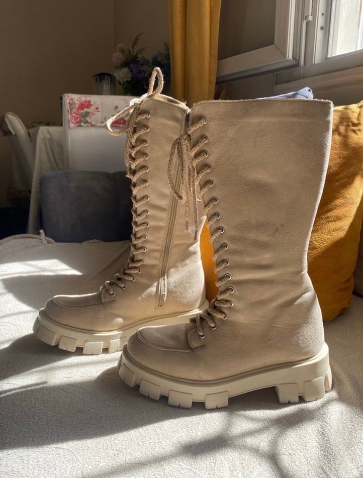 Bej Süet Yüksek Topuklu Kadın Çizme - Görsel 3