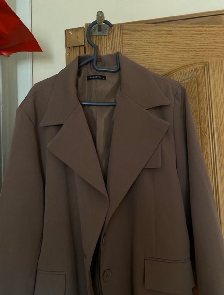 Kahverengi Deri Midi Kadın Blazer - Görsel 3