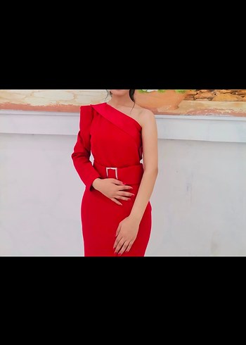 Diğer Kırmızı midi boy tek omuzlu Kalem Elbise