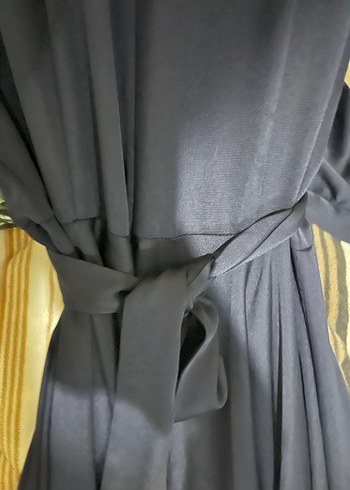 Uzun Lacivert Drapeli Yüksek Yakalı Kadın Elbise - Görsel 4