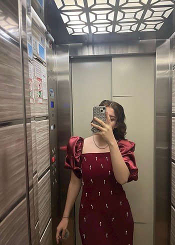 Bordo Transparan Puantiyeli Uzun Elbise - Görsel 2