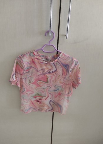 Diğer Pembe Tie-Dye Kısa Kollu Crop Top