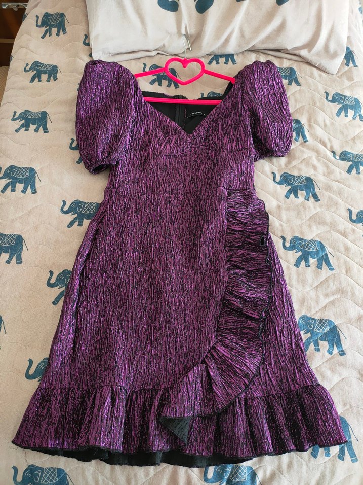 Mor Midi Kadın Elbise, V Yaka, Fırfırlı - Görsel 2