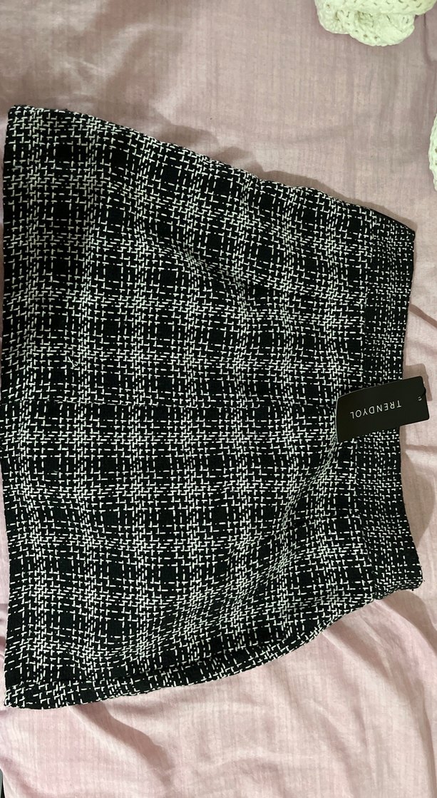 Kadın Gri Kareli Örgü Mini Etek - Görsel 2