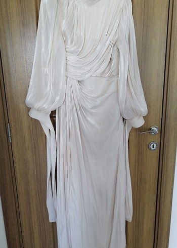 Bej Drapeli Uzun Kol Uzun Elbise - Görsel 3