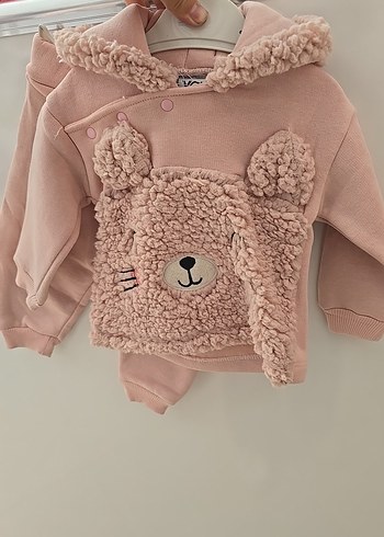 Pembe Peluş Detaylı Bebek Kız Takımı