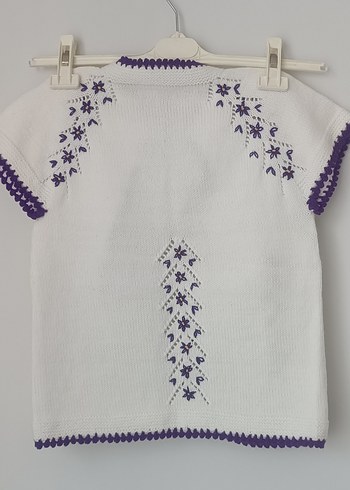 Nakışlı Beyaz Kız Çocuk El örgüsü Kısa Kollu Hırka - Görsel 3