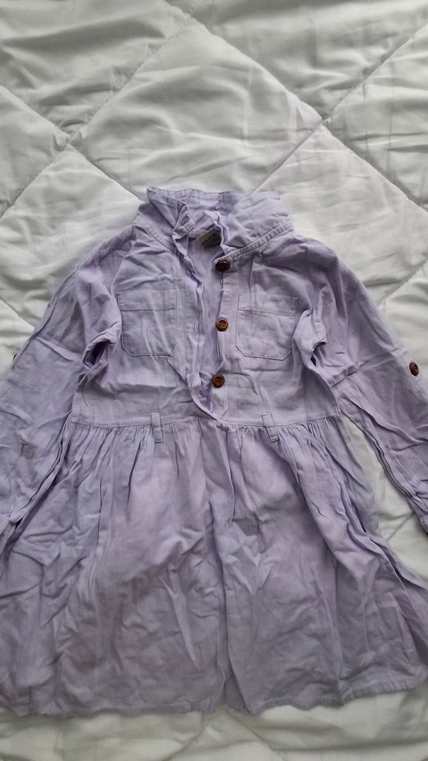 Lila Keten Düğmeli Uzun Kollu Kız Elbisesi - Görsel 2