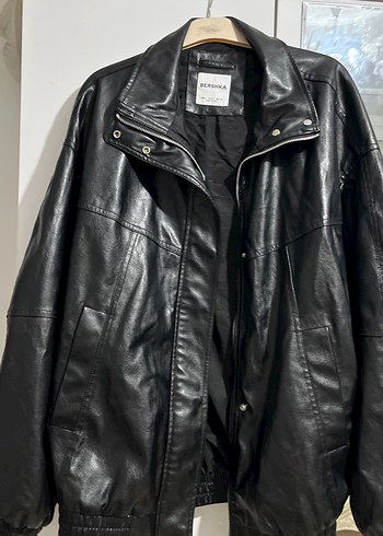 Düğmeli Siyah Deri Biker Ceket